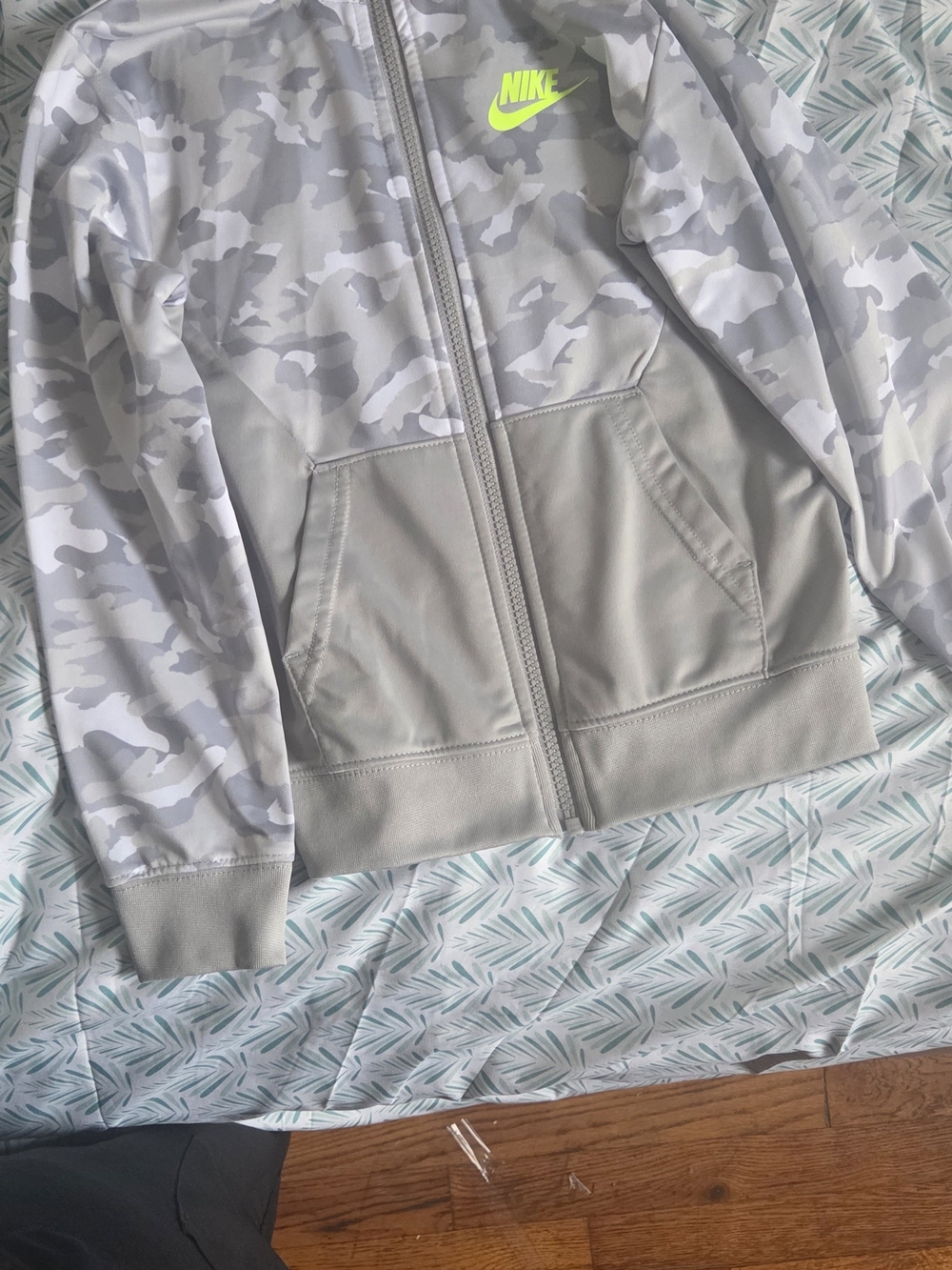 Nike Women's Gray Camo Bomber Jacket with Neon Yellow Logo